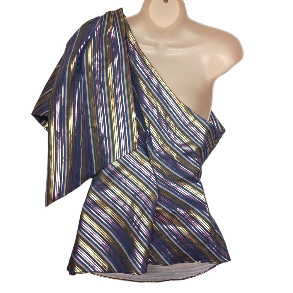 ZARA Metallic Gold Purple Green Stripe Print One Shoulder Bow Top Small - Picture 4 of 7